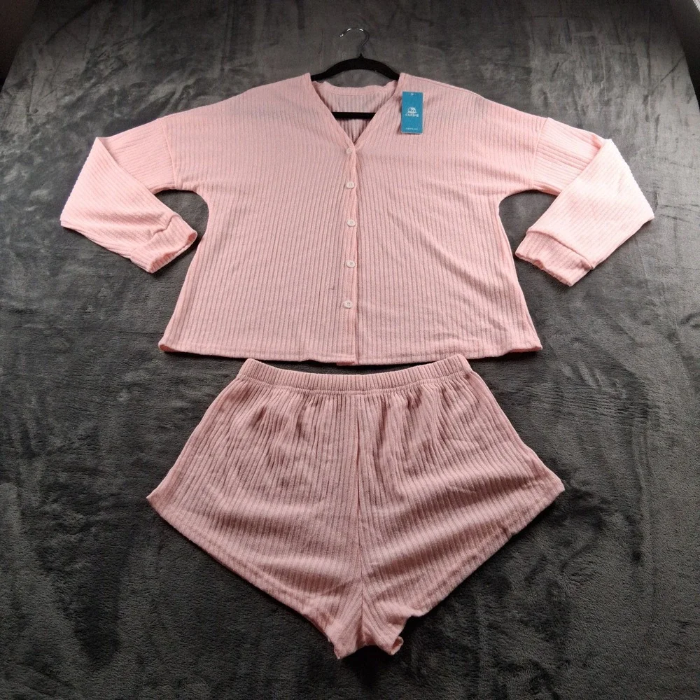 NWT Cupshe Pajama Set Womens Medium Pink Ribbed Cardigan and Shorts Loungewear